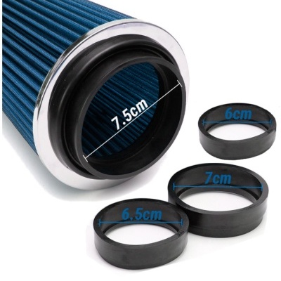 Filtro de ar azul com três adaptadores de borracha preto com medidas em centímetros.