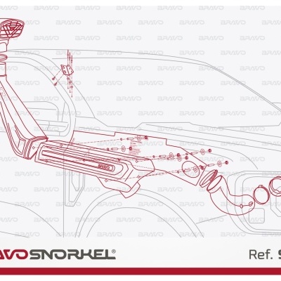 Desenho técnico de snorkel para carro com texto BRAVO SNORKEL e Ref. SFRG