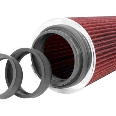 Filtro de ar cónico vermelho com estruturas metálicas e juntas de borracha pretas