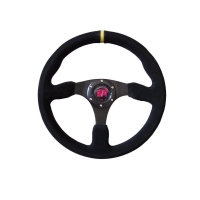 Volante automóvel preto com tecido e logótipo vermelho no centro