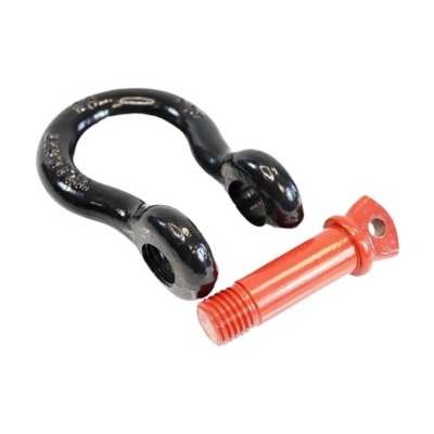 Gancho de aço preto com parafuso vermelho em fundo branco