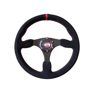Volante de carro desportivo preto com marcador vermelho e centro metálico.