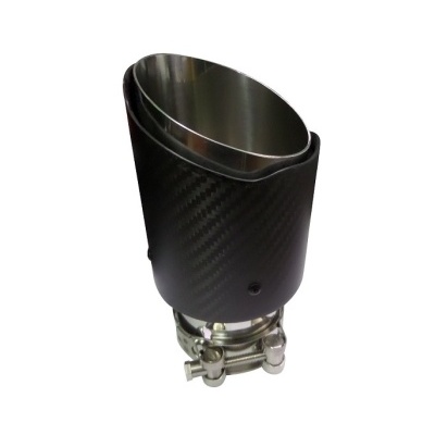 Bocal de escape automóvel em aço inoxidável com revestimento de fibra de carbono preta e fixação metálica prateada