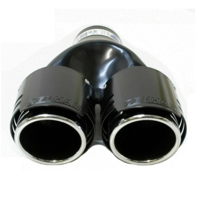 Ponteira de escape dupla preta com acabamento cromado e marca STAINLESS