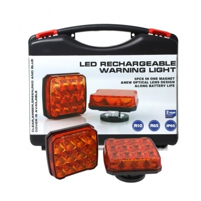 Lanterna de aviso LED recarregável laranja com base magnética e estojo plástico preto e branco