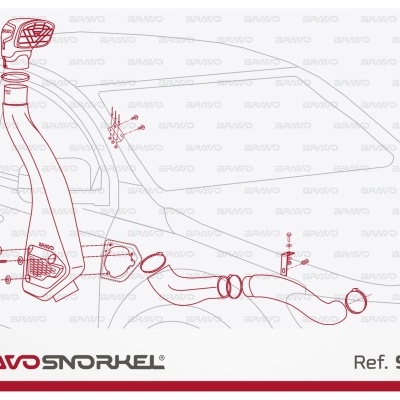 Desenho técnico de snorkel para automóvel com referência e logo da marca
