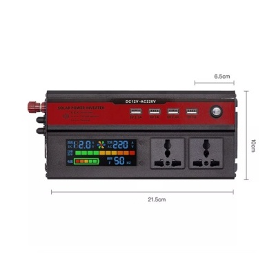 Inversor solar preto e vermelho com ecrã digital, tomadas e portas USB