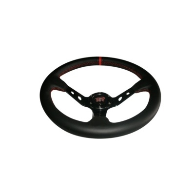 Volante de carro preto com detalhes vermelhos e logotipo 'SR' no centro