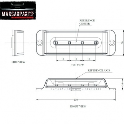 Diagrama técnico de luz retangular para automóvel com medidas e vista em três ângulos