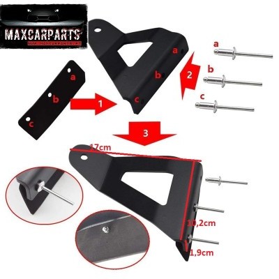 Suportes metálicos pretos com rebites e texto MAXCARPARTS num fundo branco