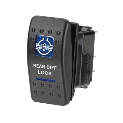 Interruptor preto com texto REAR DIFF LOCK e símbolo azul e branco