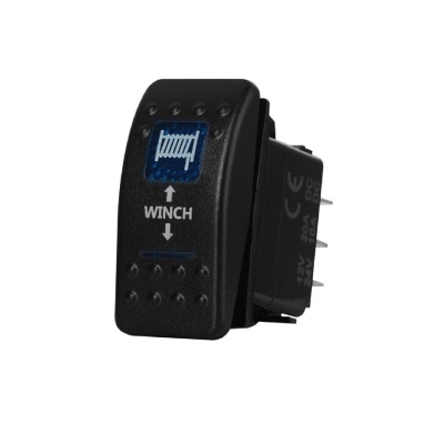 Interruptor preto para guincho com símbolo azul e texto WINCH