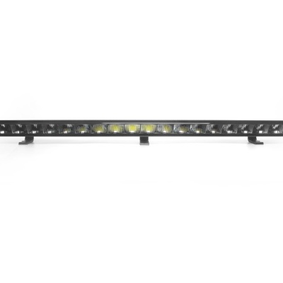 Barra de luz LED longa preta com múltiplos LEDs amarelos e suportes de metal.