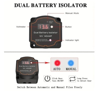 Isolador de bateria duplo preto com display digital e botões em fundo branco
