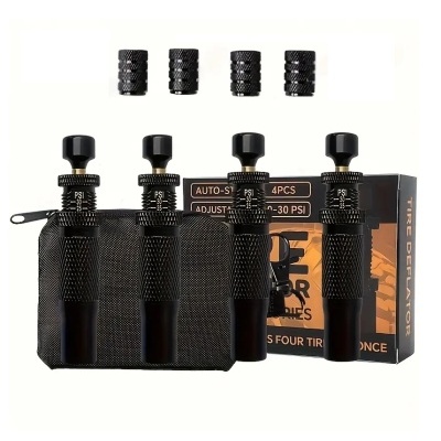 Conjunto de desinfladores de pneus em metal preto com estojos e embalagem