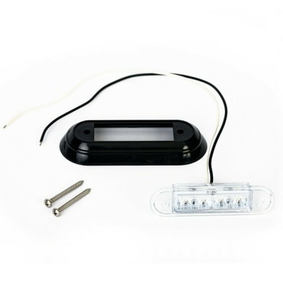 Conjunto de luz LED com fios, parafusos e moldura preta em fundo branco