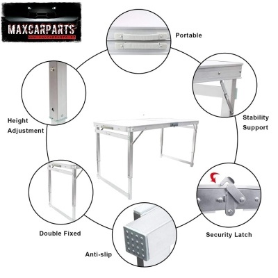 Mesa dobrável branca com estrutura metálica e características destacadas em círculos