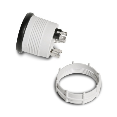 Conector elétrico branco com terminais metálicos e tampa removida