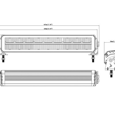 Desenho técnico de uma barra de luz LED com medidas