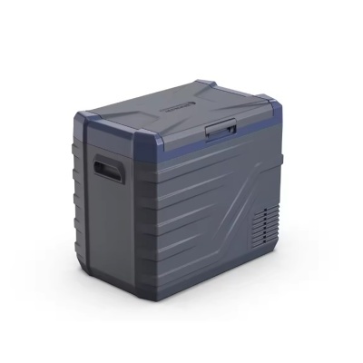 Caixa térmica portátil cinza com tampas azul escuro e alças embutidas