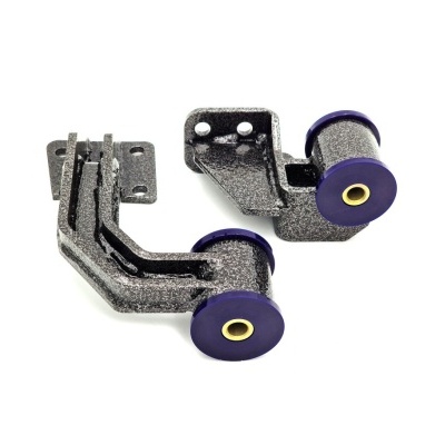 Duas peças metálicas cinzentas com componentes roxos sobre fundo branco