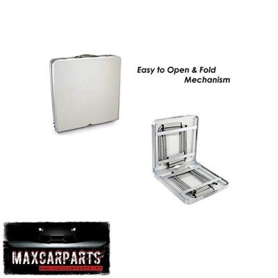 Mesa dobrável portátil branca com estrutura metálica prateada dobrada e aberta