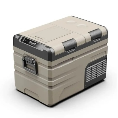 Frigorífico portátil bege e cinza com visor digital e alças pretas
