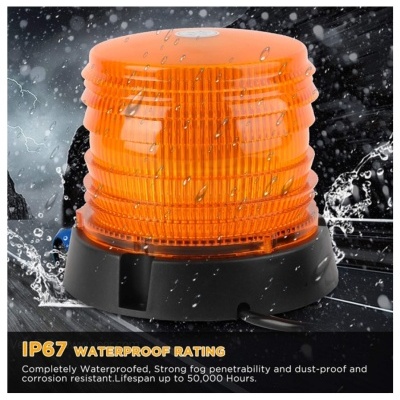 Luz de aviso de segurança laranja resistente à água IP67 com base preta e gotas de água visíveis
