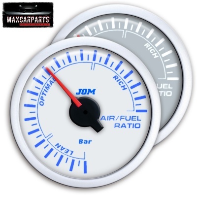 Manómetros brancos JOM para relação ar/combustível com escala azul e ponteiros coloridos