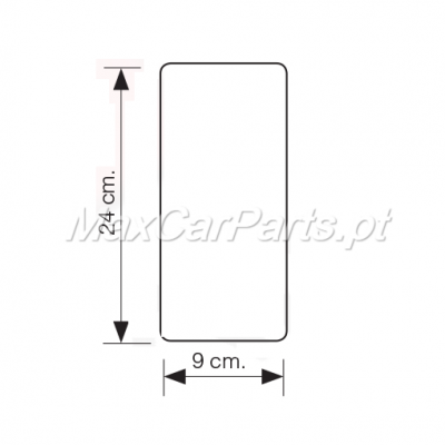 Placa retangular branca com cantos arredondados e medidas indicadas