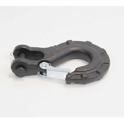 Gancho de metal preto com mola de segurança prateada no centro