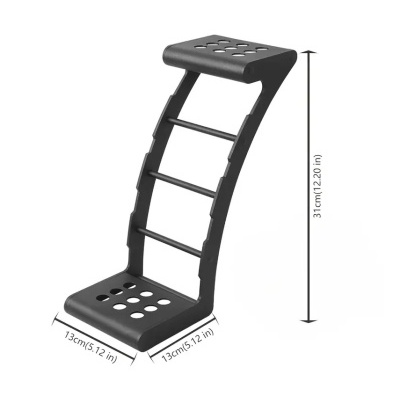 Suporte ergonómico preto em fundo branco com medidas indicadas