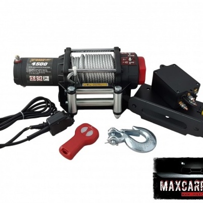 Guincho elétrico preto e vermelho com cabo de aço, gancho metálico e comando remoto vermelho