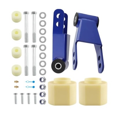 Conjunto de acessórios automotivos com suportes azuis e buchas amarelas