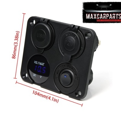 Painel preto com medidor de voltagem digital e tampas USB e 12V, medidas visíveis