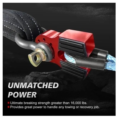 Gancho de reboque vermelho com cabo preto e texto em destaque