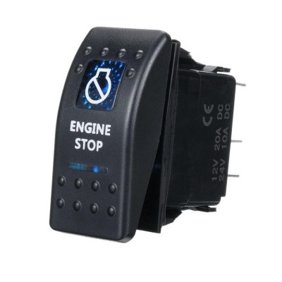 Interruptor elétrico preto tipo rocker com texto branco ENGINE STOP