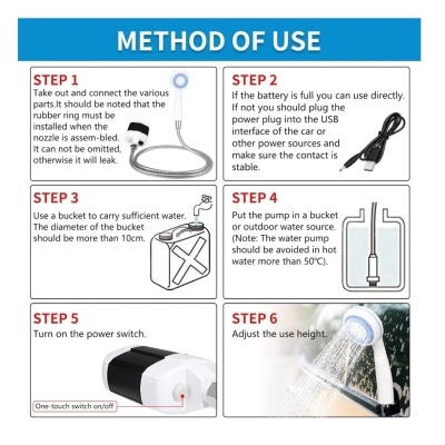 Instruções de uso para bomba de água elétrica com textos e ilustrações dos passos.