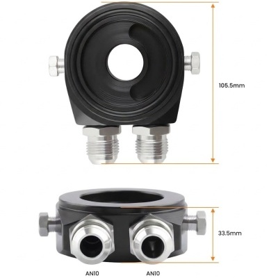 Suporte circular preto com conexões metálicas AN10 e parafusos laterais em fundo branco