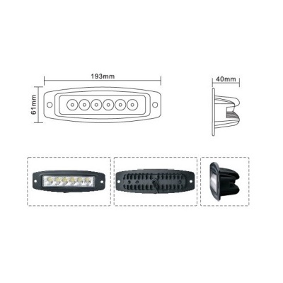 Luz LED retangular preta com seis diodos, vista frontal, traseira e lateral com medidas técnicas