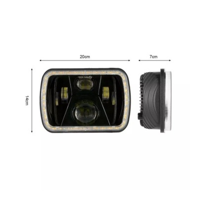 Luz retangular com LED amarelo, lente e corpo preto, vista frontal e lateral