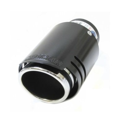 Saída de escape automóvel preta e cromada com gravação RELIEF e etiqueta na parte superior