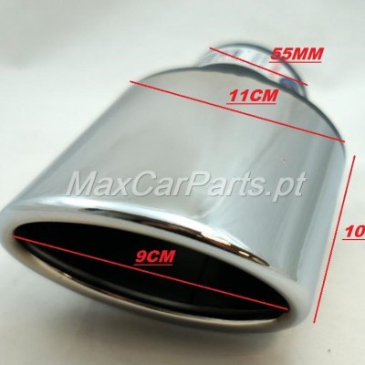 Peça automóvel cromada em metal com formato oval e medidas assinaladas em vermelho
