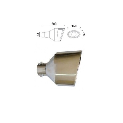 Ponteira de escape metálica cromada com medidas indicadas em desenho técnico.