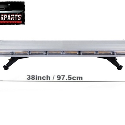 Barra luminosa de sinalização transparente e preta com medidas e logótipo