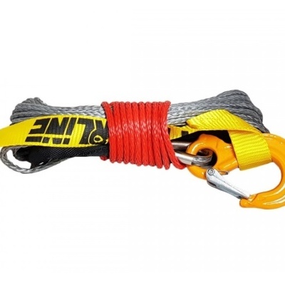 Corda cinzenta com mosquetão laranja e fita amarela