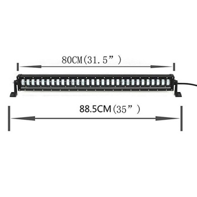 Barra de luz LED preta com dimensões destacadas num fundo branco