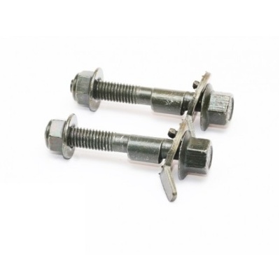 Dois parafusos metálicos com porcas e arruelas