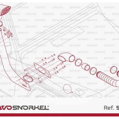 Diagrama técnico de snorkel para veículo com componentes desenhados e texto de referência.