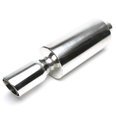 silenciador de escape metálico prateado brilhante em fundo branco